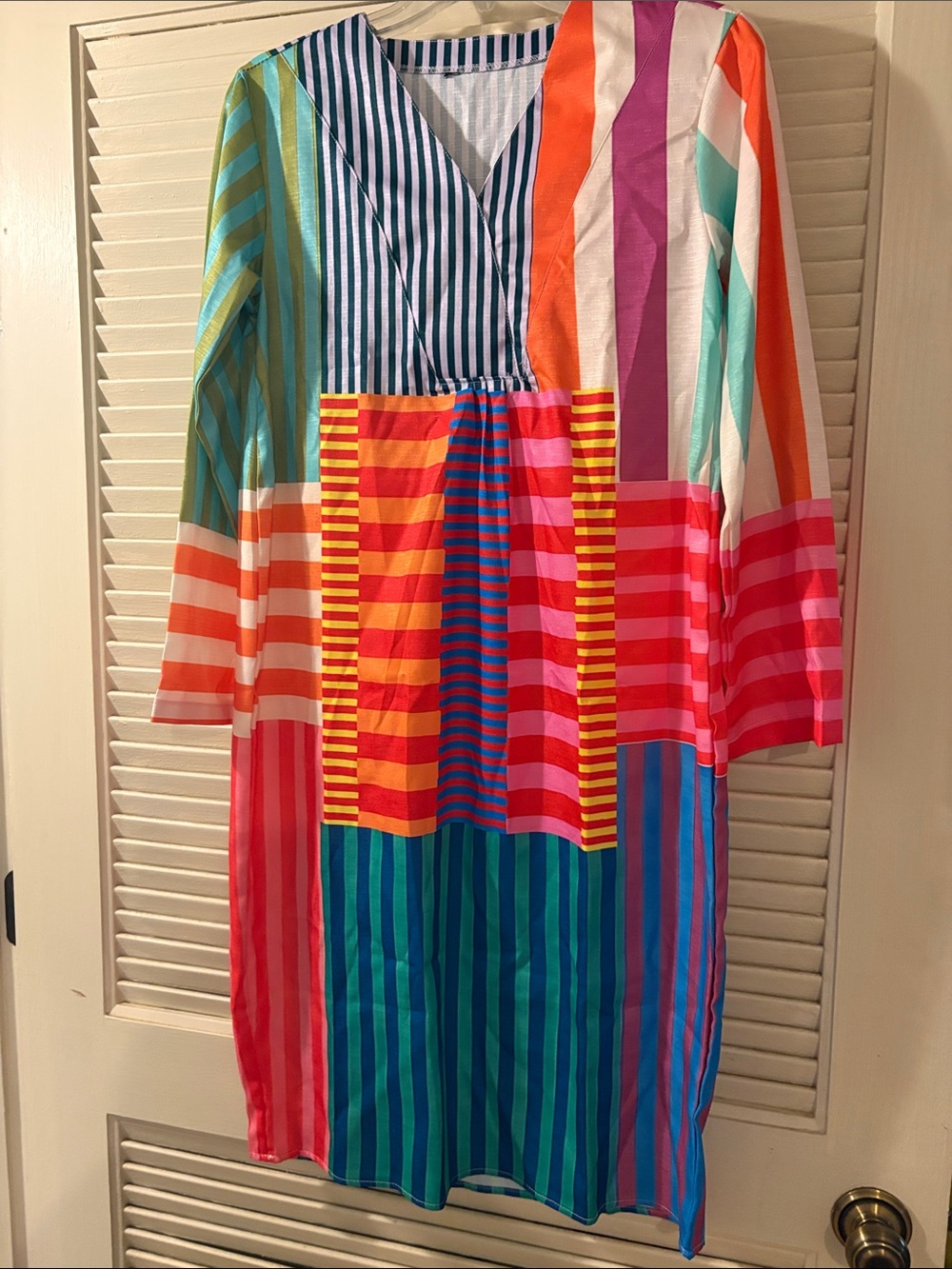 P707. Vibrant Multicolor Striped Patchwork Dress